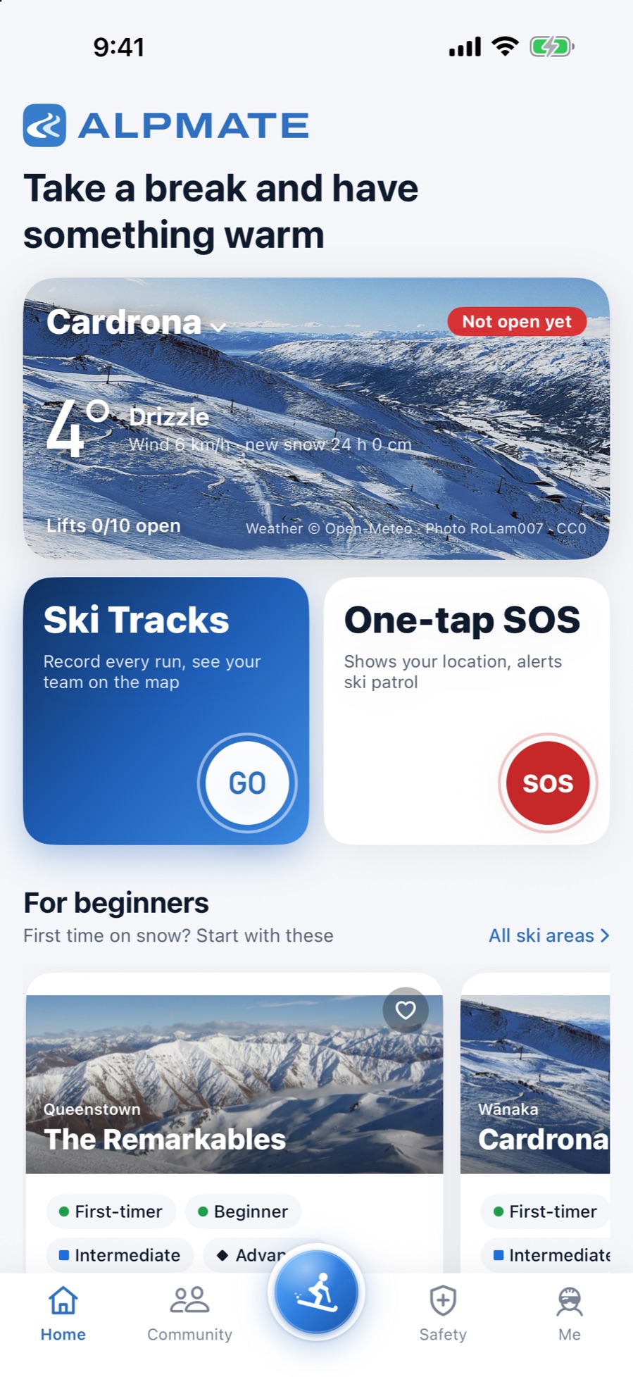 AlpMate home screen with Cardrona weather