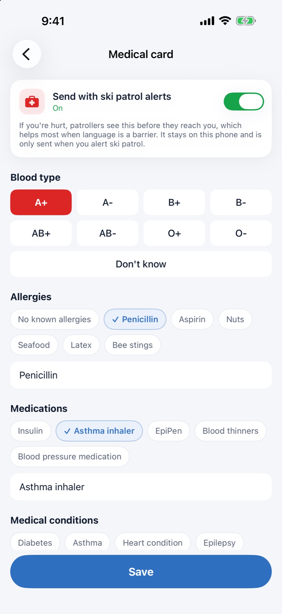 AlpMate medical card with blood type, allergies and medications