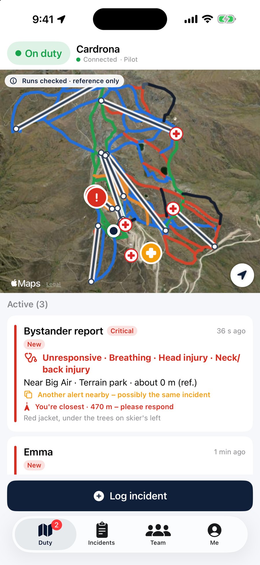 AlpMate Patrol duty map with active alerts at Cardrona